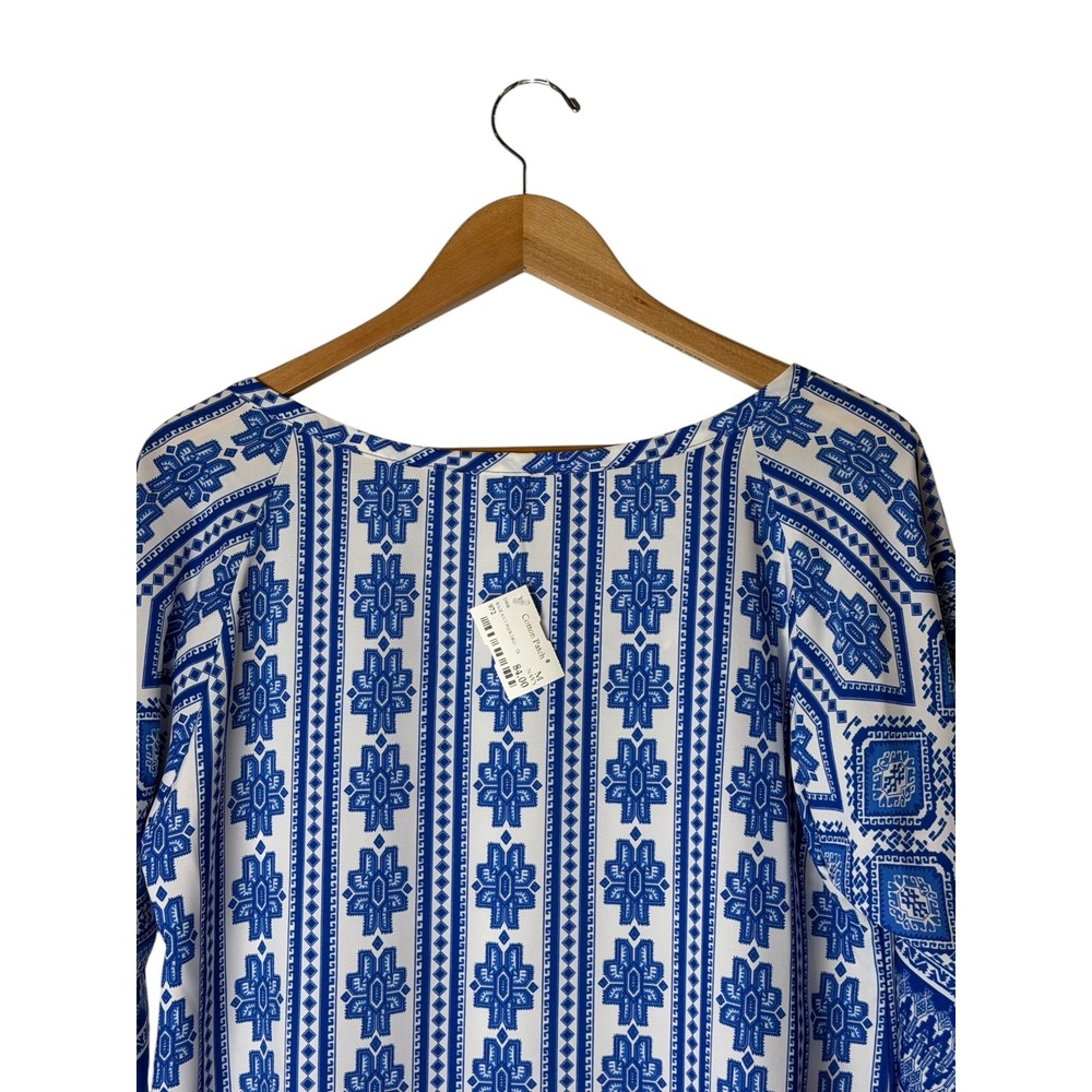 Glam Tunic Dress Women Medium Blue White NWT Geometric Raglan V Neck Mini Boho - Picture 7 of 11
